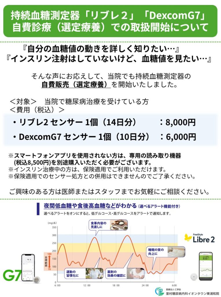 里村糖尿病内科イオンタウン東浦和院　持続血糖測定器リブレ２・DexcomG7の選定療養のお知らせ